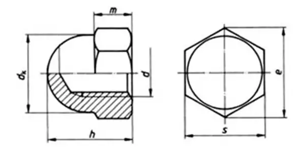 Hexagon Dome Nuts (Acron Nuts) Drawing